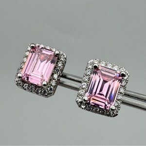 New Silver Plated Pink Emerald Cut CZ Halo Stud Earrings Sparkly Bridal